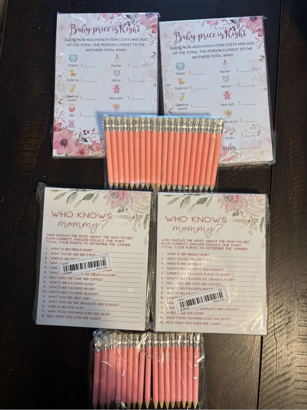 Baby Shower Game Pack with Pink Pencils - Who Knows Mommy? & Baby Price Is Right